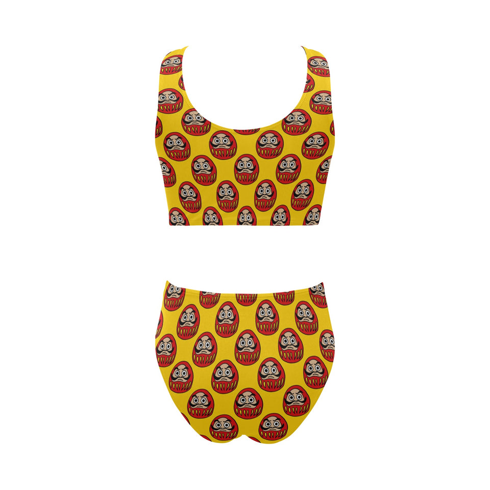 Daruma japanese wooden doll yellow background Chest Bowknot High Waisted Bikini Swimsuit