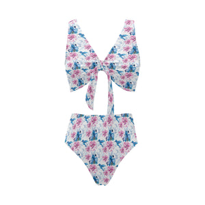 Hummingbird Pattern Print Design 02 Chest Bowknot High Waisted Bikini Swimsuit