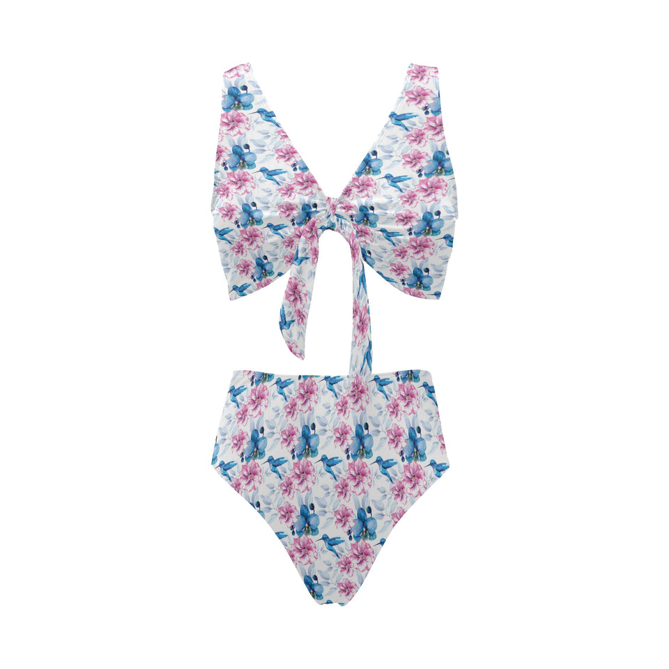 Hummingbird Pattern Print Design 02 Chest Bowknot High Waisted Bikini Swimsuit