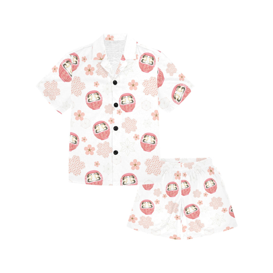 Daruma japanese wooden doll cherry blossom flower Kids' Boys' Girls' V-Neck Short Pajama Set