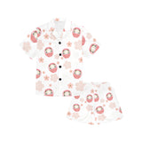 Daruma japanese wooden doll cherry blossom flower Kids' Boys' Girls' V-Neck Short Pajama Set
