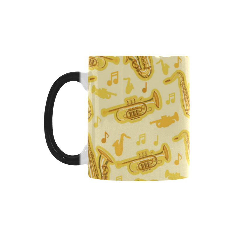 Saxophone cornet pattern yellow background Morphing Mug Heat Changing Mug