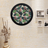 heliconia flowers, palm and monstera leaves Elegant Black Wall Clock