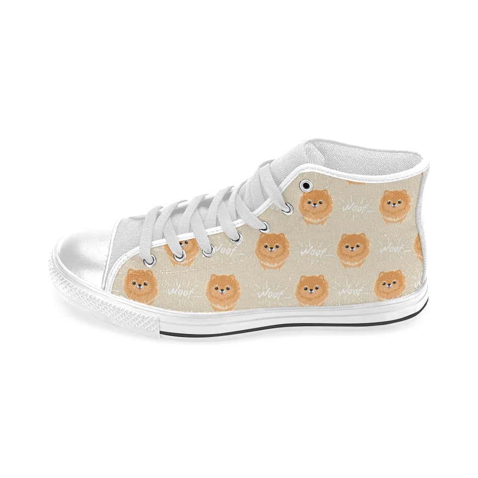 Cute brown pomeranian puppy on blue Men's High Top Canvas Shoes White