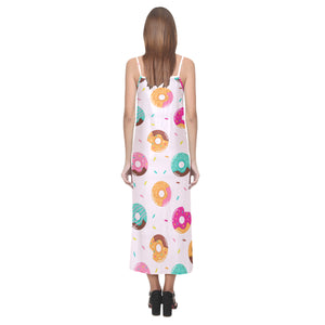 Donut pattern glaze pink background V-Neck Open Fork Long Dress