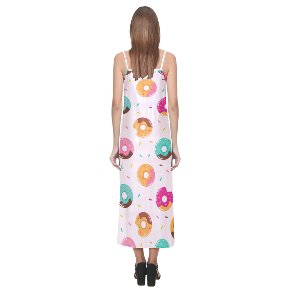 Donut pattern glaze pink background V-Neck Open Fork Long Dress