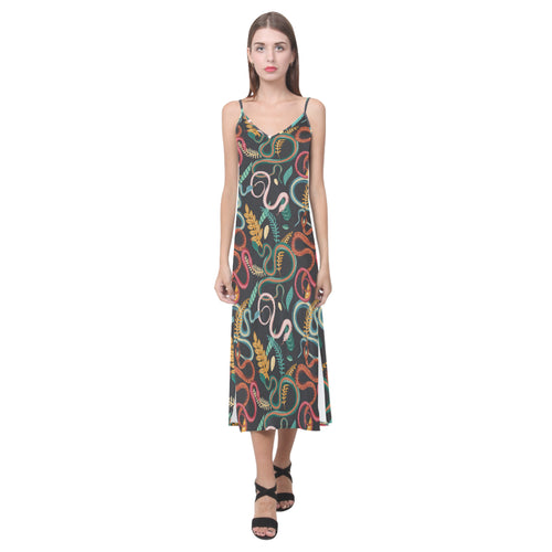 Colorful snake plant pattern V-Neck Open Fork Long Dress