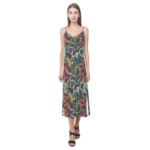 Colorful snake plant pattern V-Neck Open Fork Long Dress