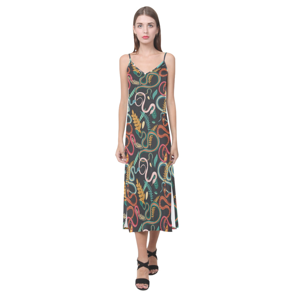 Colorful snake plant pattern V-Neck Open Fork Long Dress