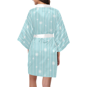 Snowflake pattern blue stripe background Women's Short Kimono Robe