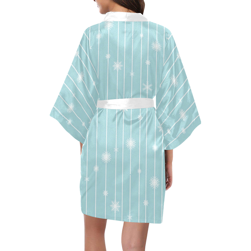 Snowflake pattern blue stripe background Women's Short Kimono Robe