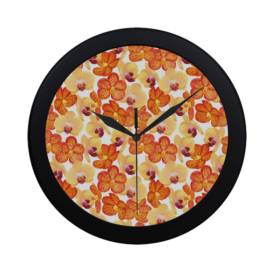 Orange yellow orchid flower pattern background Elegant Black Wall Clock