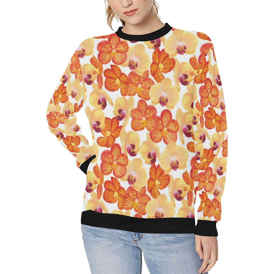 Orange yellow orchid flower pattern background Women's Crew Neck Sweatshirt