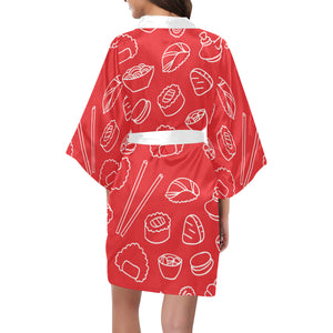sushi pattern red background Women's Short Kimono Robe
