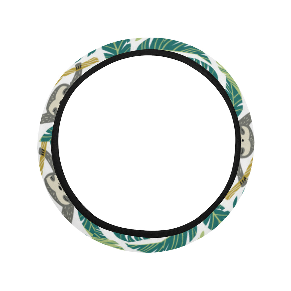 Cute sloths tropical palm leaves white background Car Steering Wheel Cover