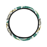 Cute sloths tropical palm leaves white background Car Steering Wheel Cover