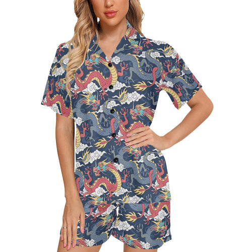 Blue red dragon cloud pattern Women's V-Neck Short Pajama Set