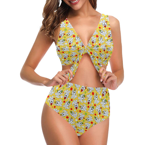 Yorkshire Terrier Pattern Print Design 05 Chest Bowknot High Waisted Bikini Swimsuit