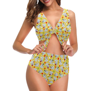 Yorkshire Terrier Pattern Print Design 05 Chest Bowknot High Waisted Bikini Swimsuit