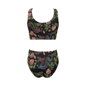 Dragons flower pattern Chest Bowknot High Waisted Bikini Swimsuit