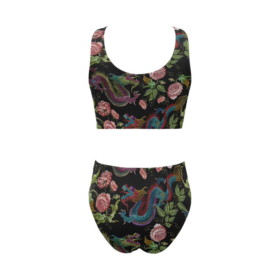 Dragons flower pattern Chest Bowknot High Waisted Bikini Swimsuit