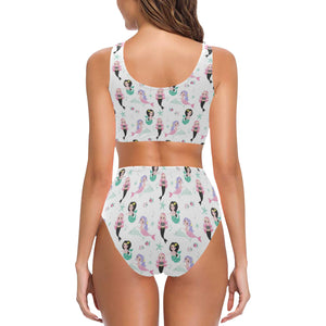 cute mermaid dolphin fish starfish pattern Chest Bowknot High Waisted Bikini Swimsuit