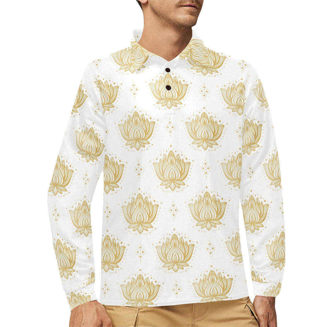 Gold Ornamental lotue waterlily symbol pattern Men's Long Sleeve Polo Shirt