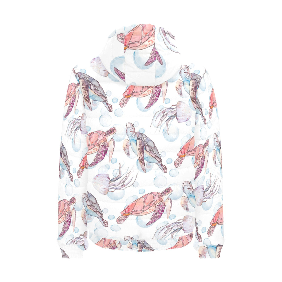 Watercolor sea turtle jellyfish pattern Men's Padded Hooded Jacket