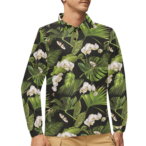 White orchid flower tropical leaves pattern blackg Men's Long Sleeve Polo Shirt