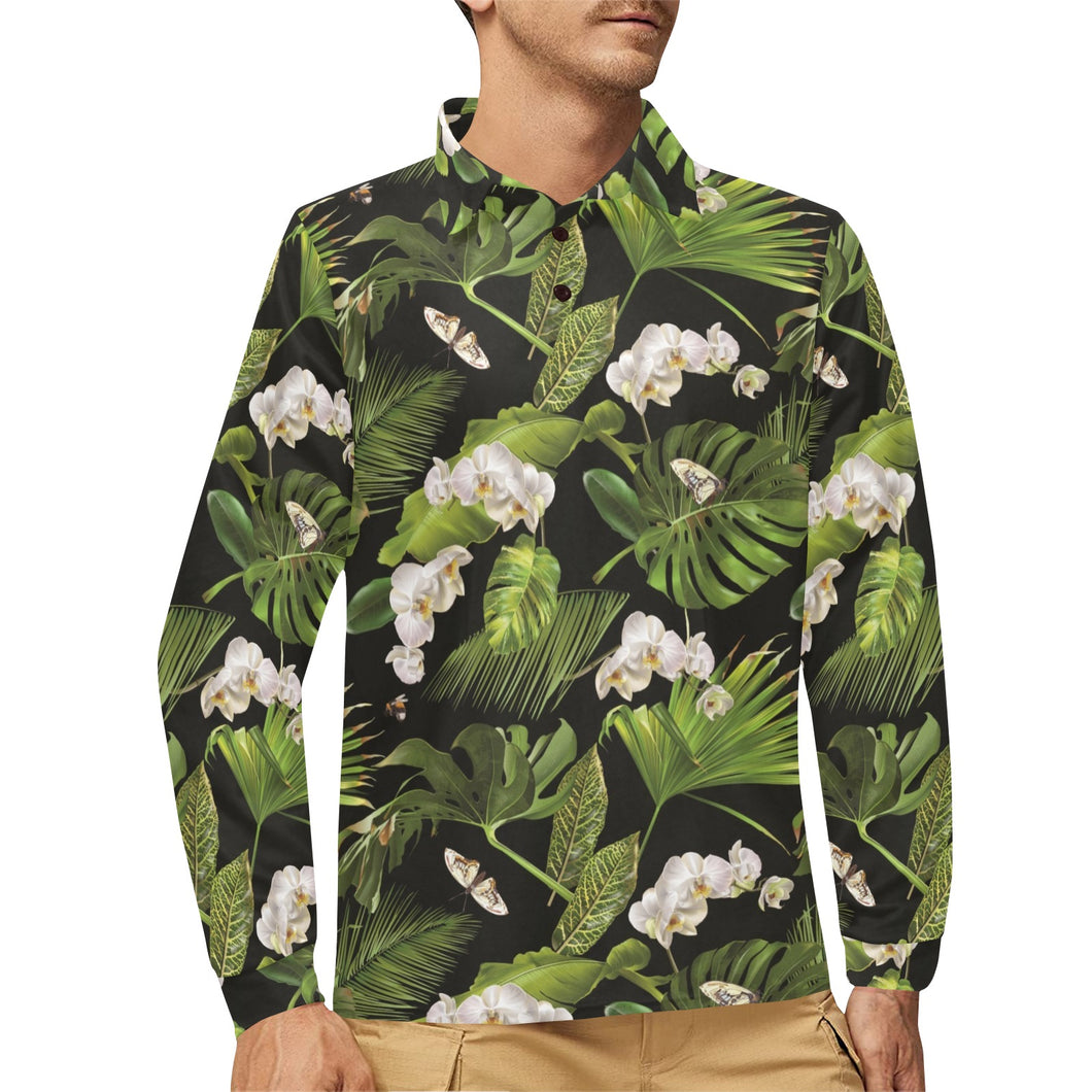 White orchid flower tropical leaves pattern blackg Men's Long Sleeve Polo Shirt