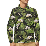 White orchid flower tropical leaves pattern blackg Men's Long Sleeve Polo Shirt