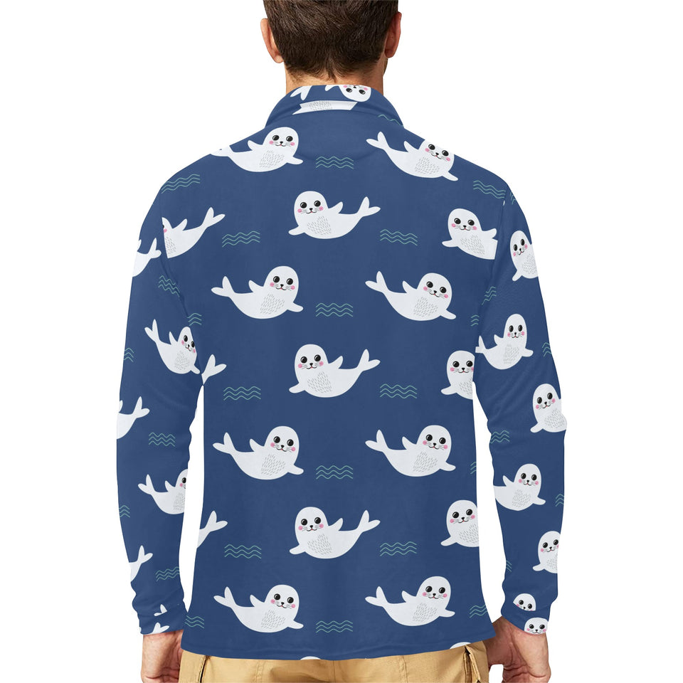 Cute white baby sea lion seal pattern Men's Long Sleeve Polo Shirt