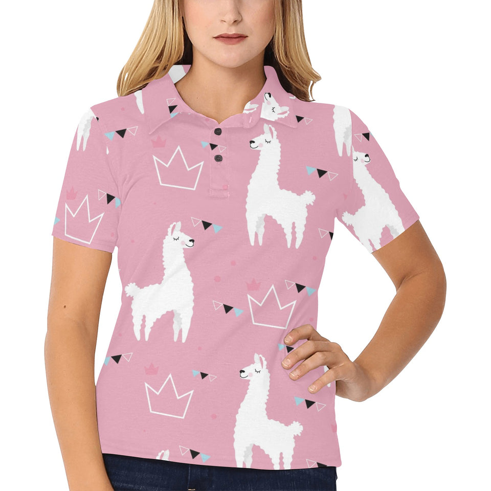 Llama Alpaca pink background Women's All Over Print Polo Shirt
