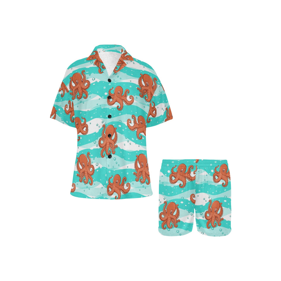 Octopuses sea wave background Women's V-Neck Short Pajama Set