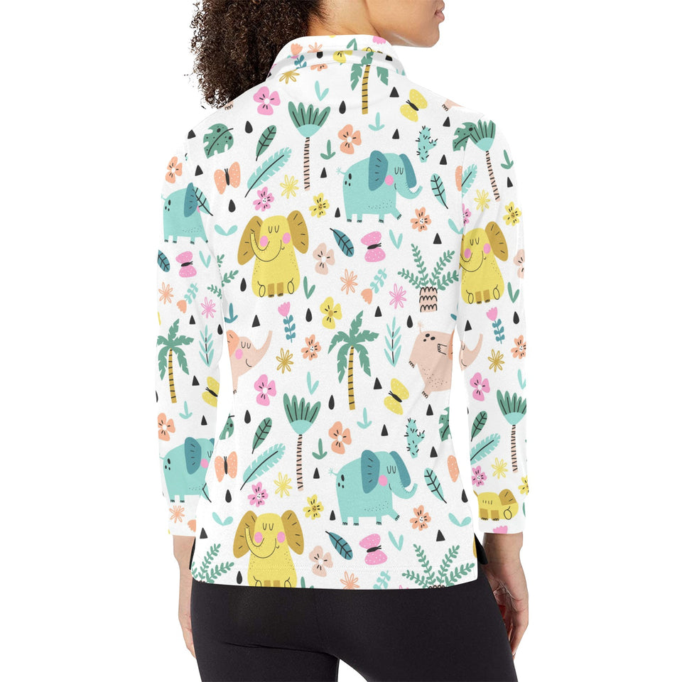 Cute elephants palm tree flower butterfly pattern Women's Long Sleeve Polo Shirt