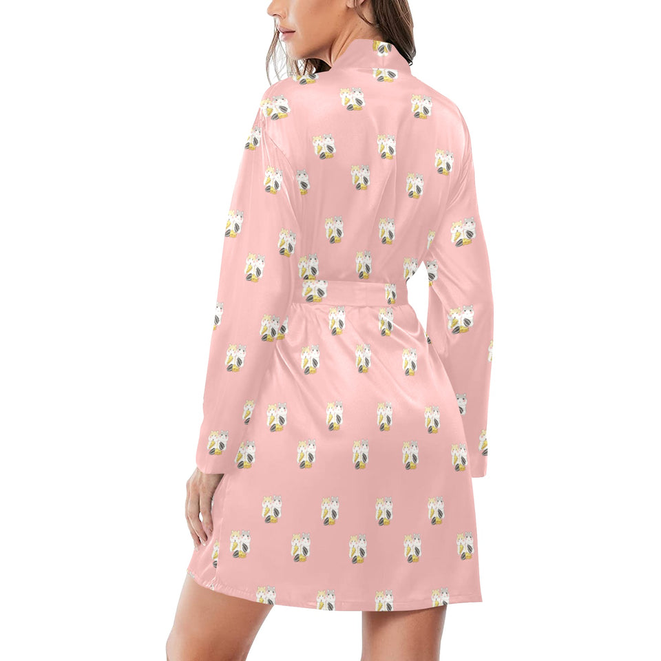 Cute hamster cheese pattern pink background Women's Long Sleeve Belted Night Robe