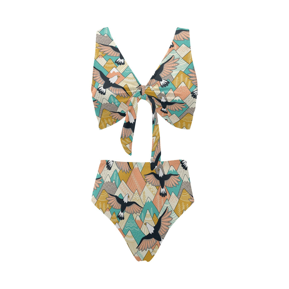 Eagle Pattern Print Design 02 Chest Bowknot High Waisted Bikini Swimsuit