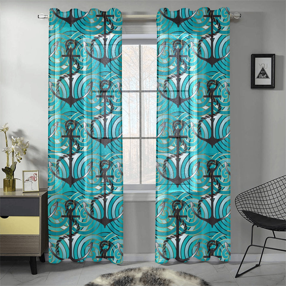 Anchor nautical green background Gauze Curtain