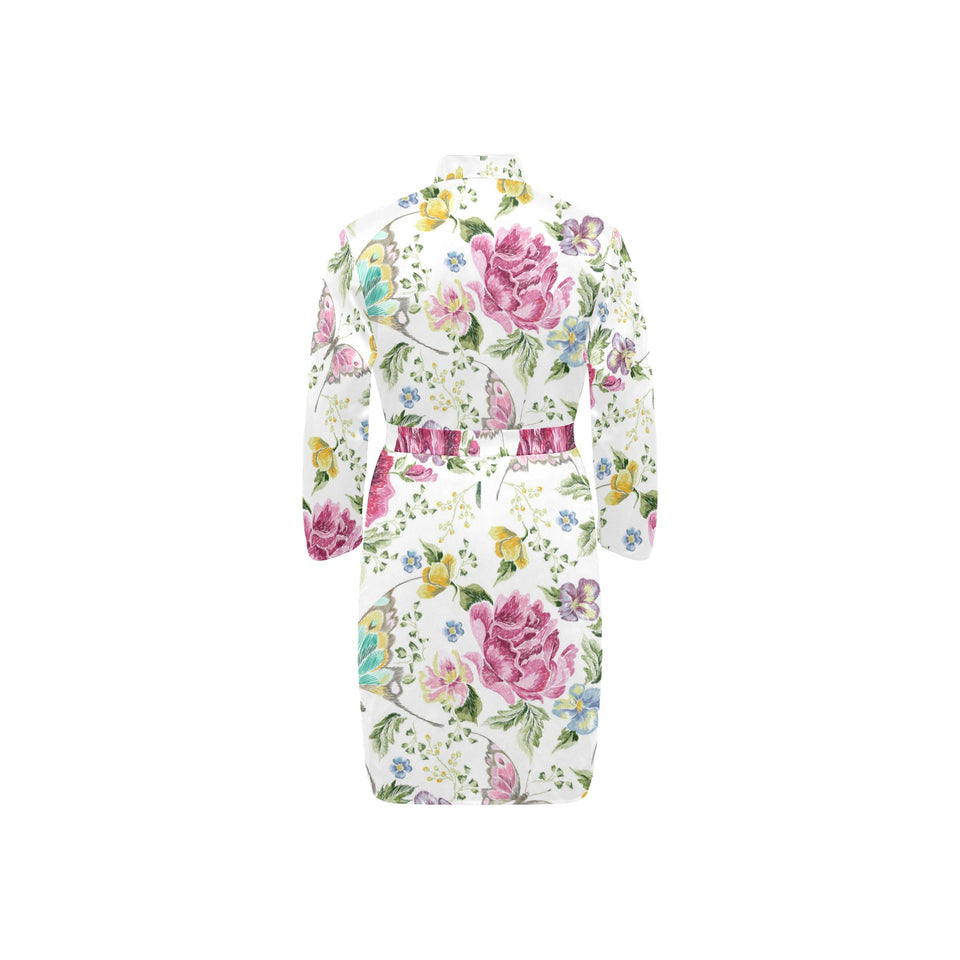 Hand drawn butterfly rose Men's Long Sleeve Belted Night Robe