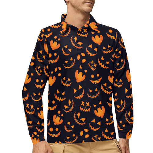 Halloween pattern Pumpkin background Men's Long Sleeve Polo Shirt