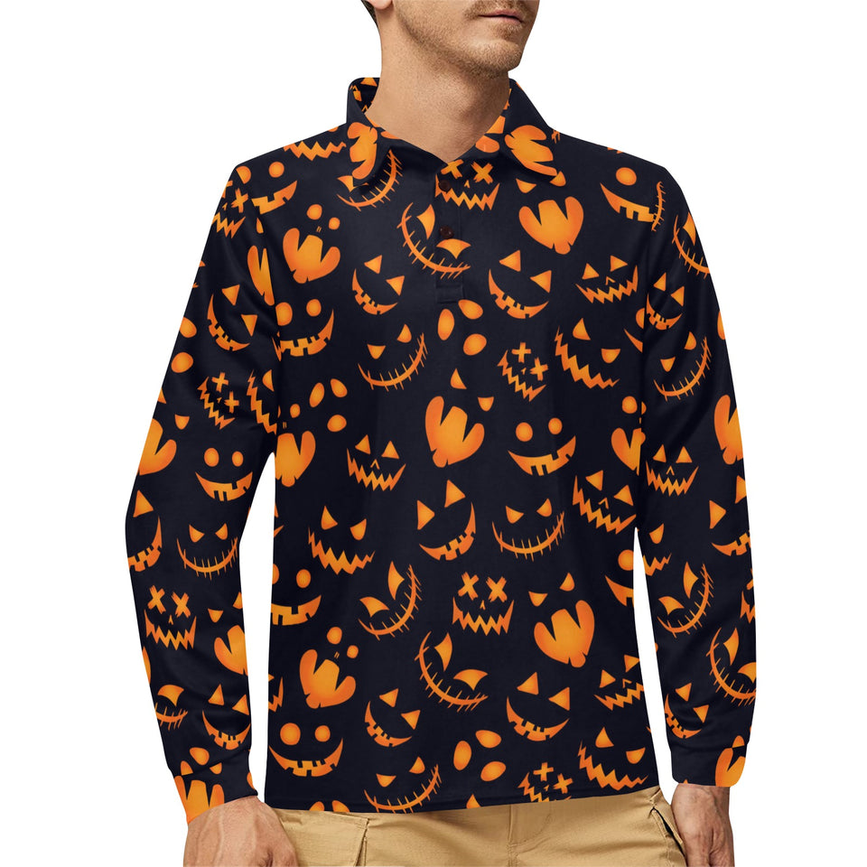 Halloween pattern Pumpkin background Men's Long Sleeve Polo Shirt