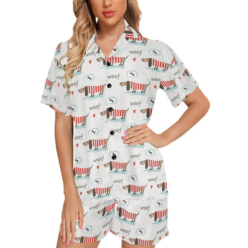 Cute dachshund bone pattern Women's V-Neck Short Pajama Set