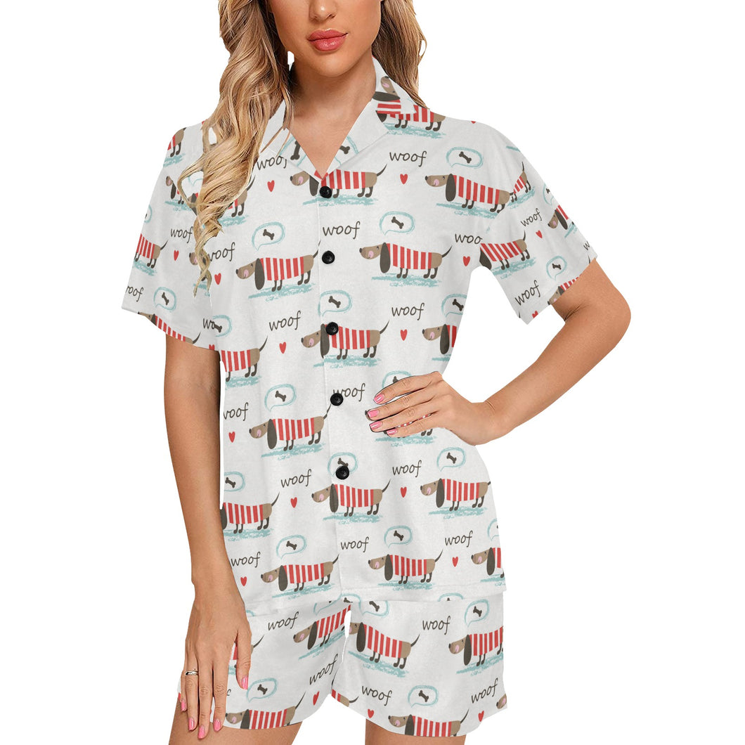 Cute dachshund bone pattern Women's V-Neck Short Pajama Set