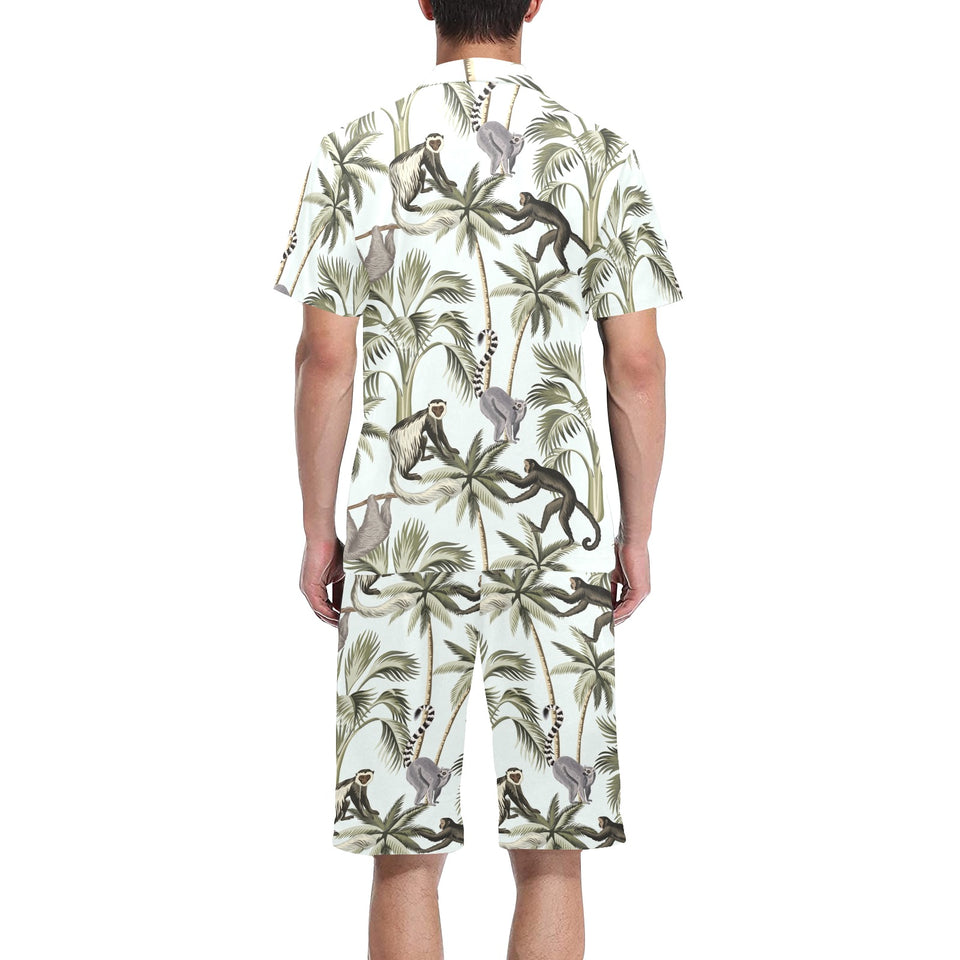 Monkey sloth lemur palm trees pattern Men's V-Neck Short Pajama Set