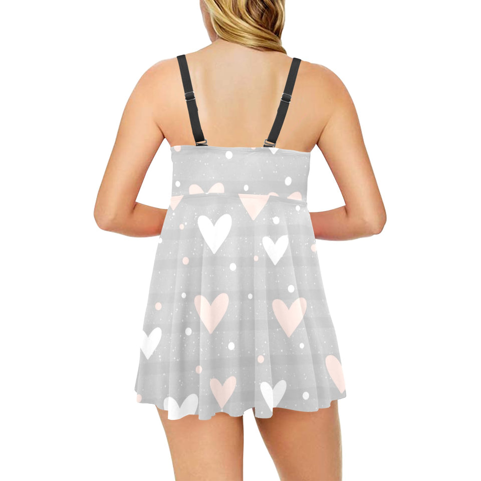 Heart pattern gray background Chest Sexy Pleated Two Piece Swim Dress