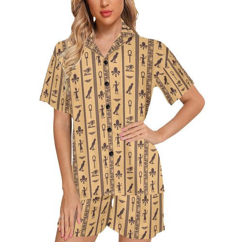 Egypt Hieroglyphics Pattern Print Design 02 Women's V-Neck Short Pajama Set