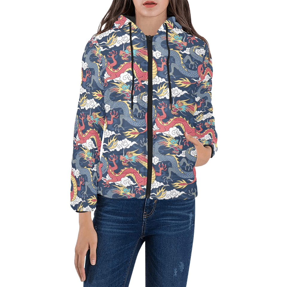 Blue red dragon cloud pattern Women's Padded Hooded Jacket
