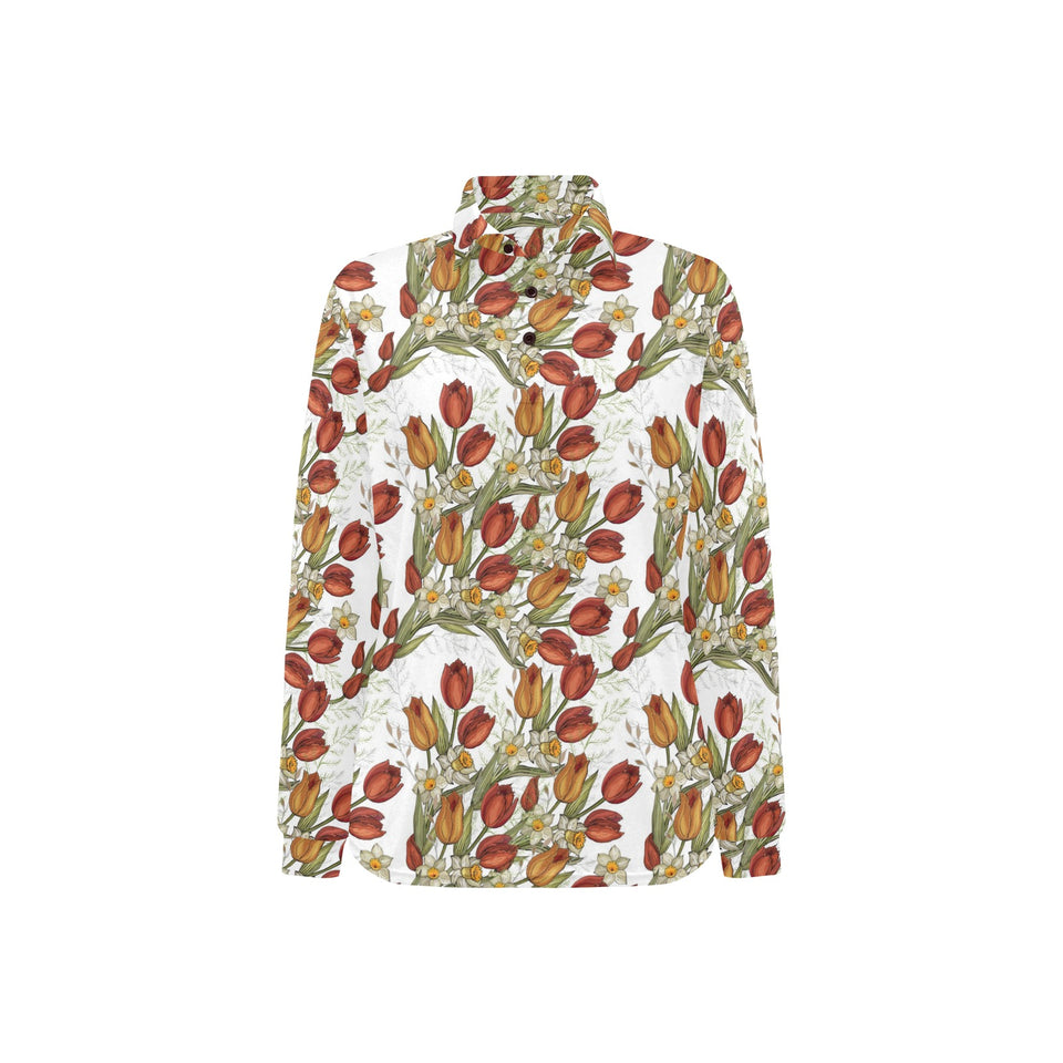 Red tulips and daffodils pattern Women's Long Sleeve Polo Shirt