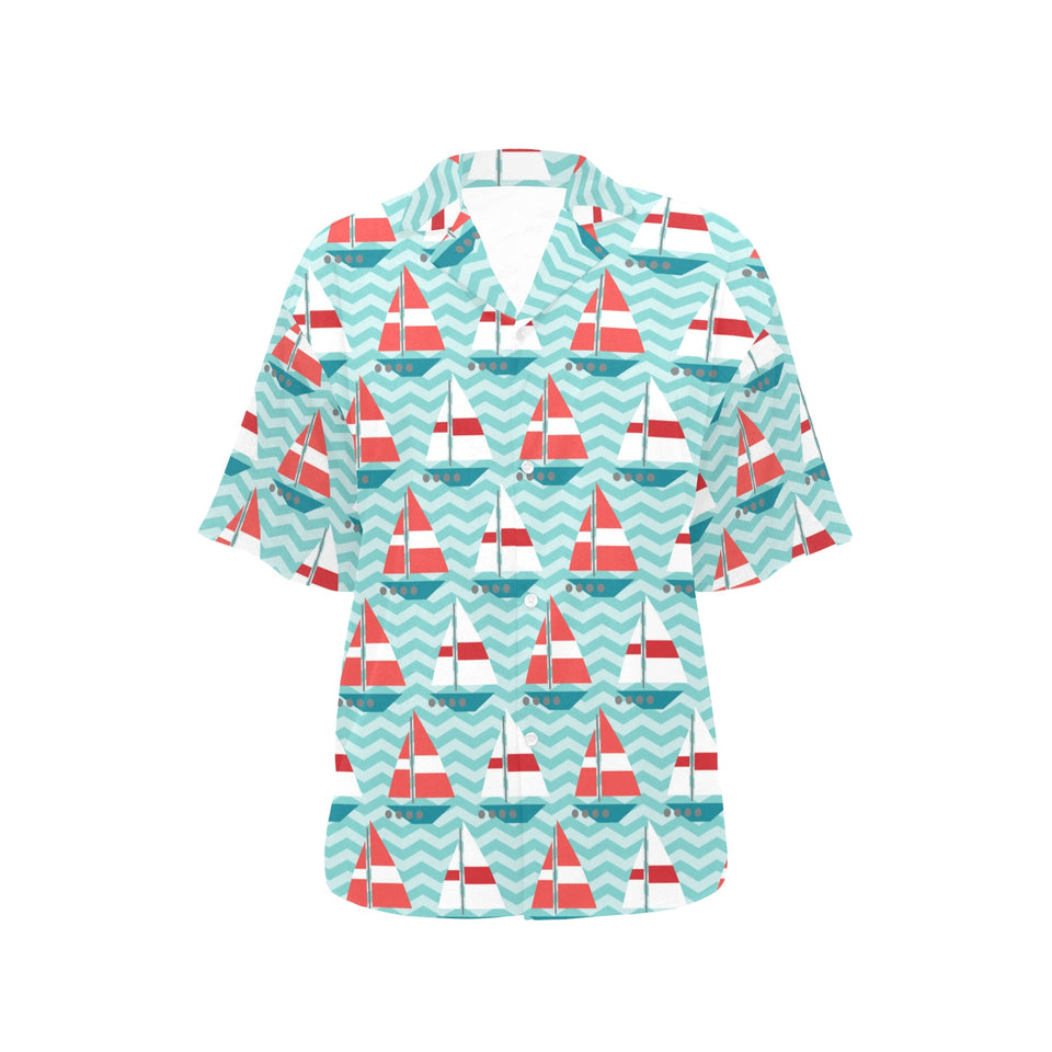 Red White sailboat wave background Women's All Over Print Hawaiian Shirt