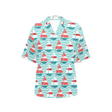 Red White sailboat wave background Women's All Over Print Hawaiian Shirt